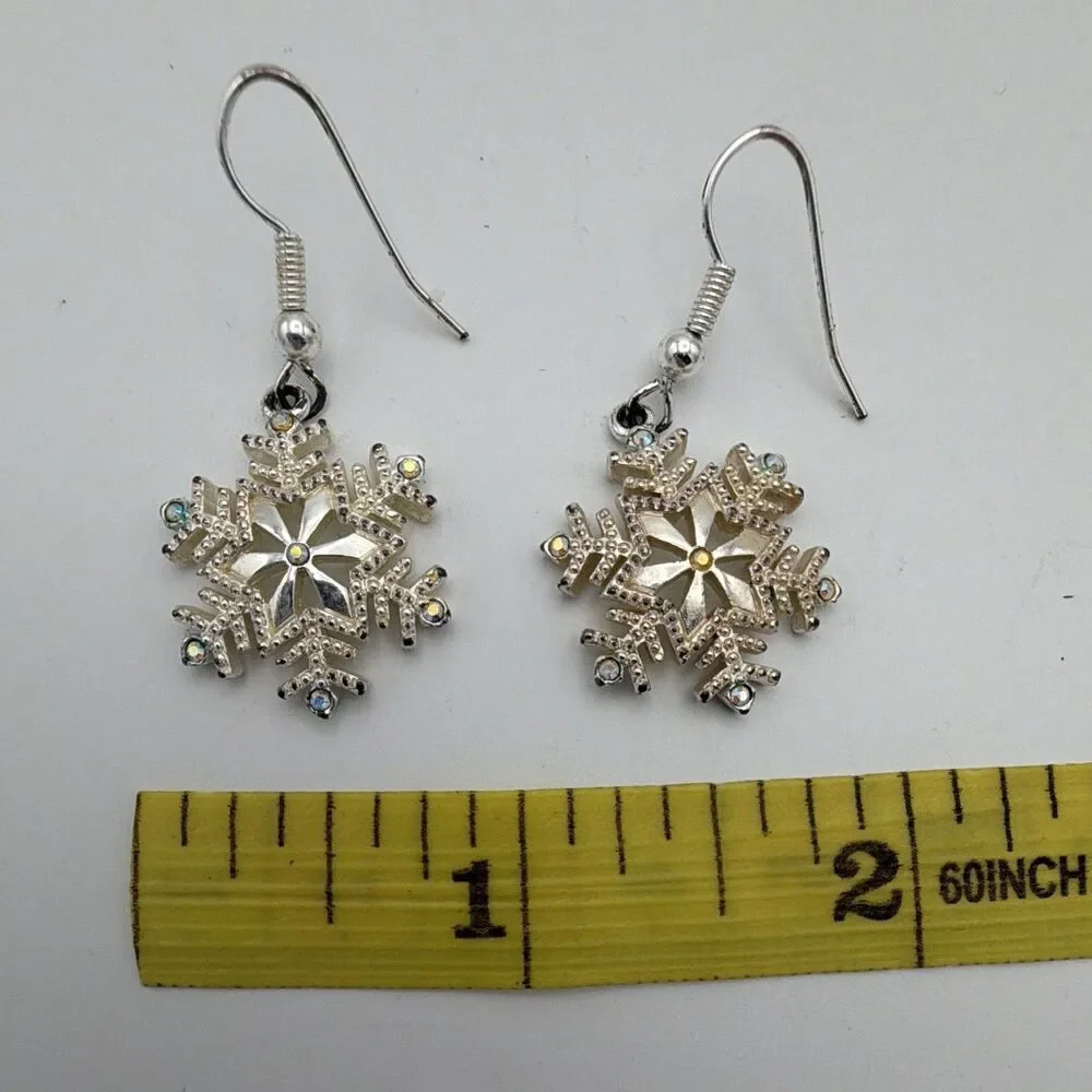 Silver Tone Snowflake Crystal Dangle Drop Earrings Hook Closure 1.5